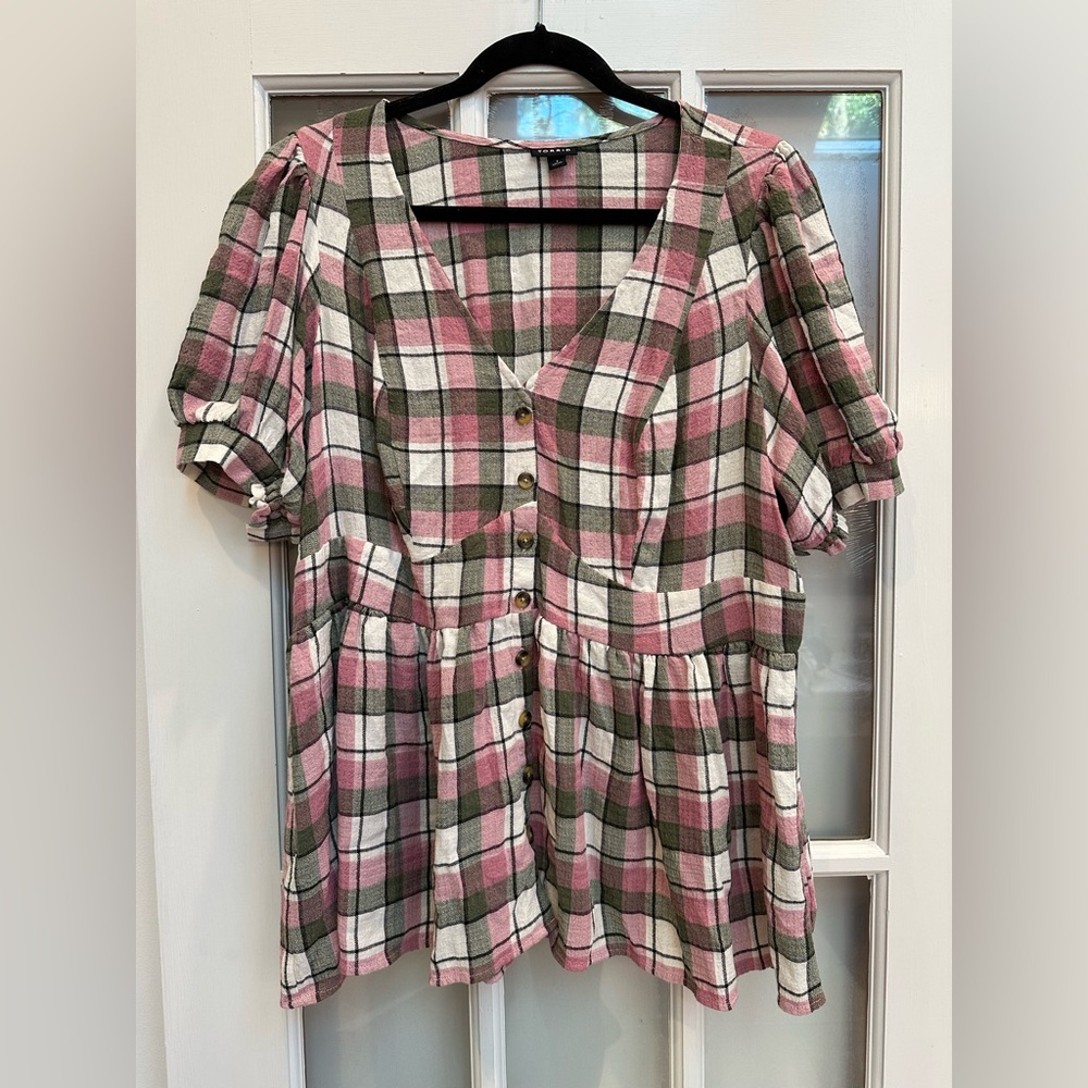 Torrid Plaid Babydoll Crinkle Flannel Gauze Button Up Short Sleeve Plus Size 1X - Picture 4 of 12